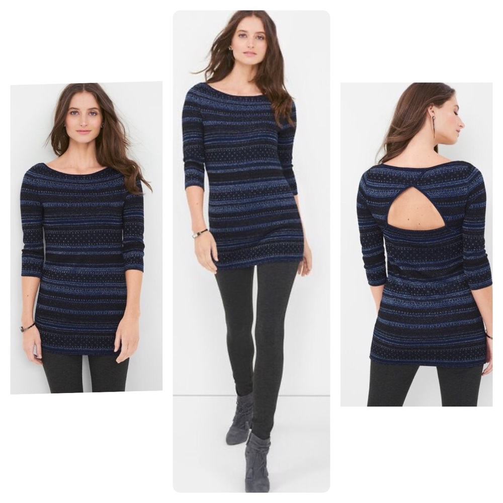 WHBM black blue FAIR ISLES TUNIC SWEATER 3/4sleeve
